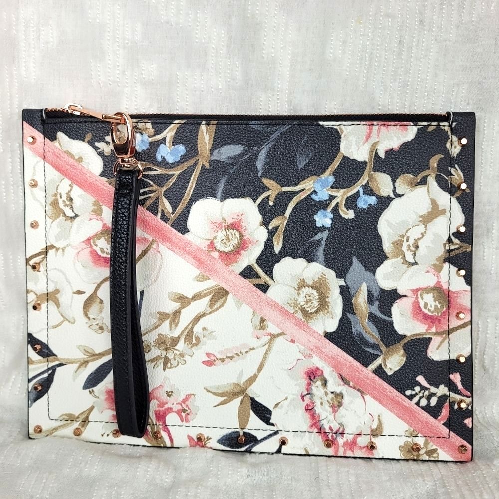 White House Black Market black white moody floral clutch rose gold metal studs